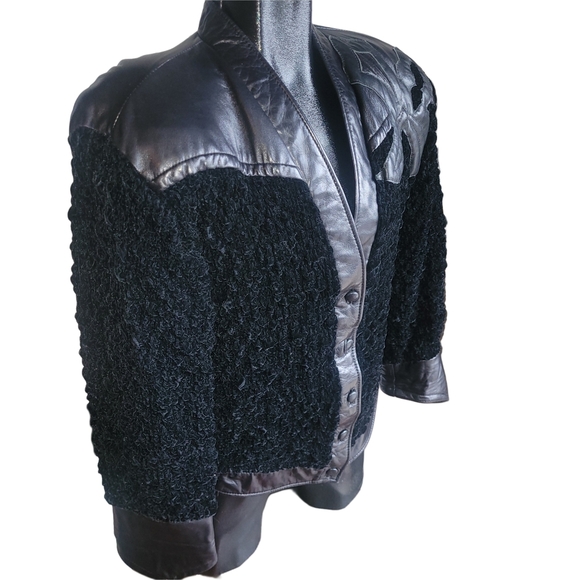 Vintage 80's Valzere Black Leather and Faux Shearling Jacket S - Picture 3 of 8